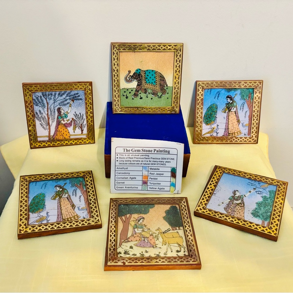Handcrafted Gemstone Painting 6 Persian Jaipur, Rajasthan Mini Pictures Coasters